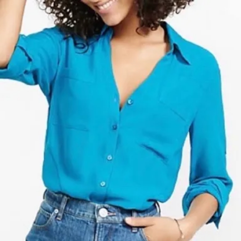 Express Portofino Button Down Blouse Shirt, Size XS, EUC, Turquoise Blue